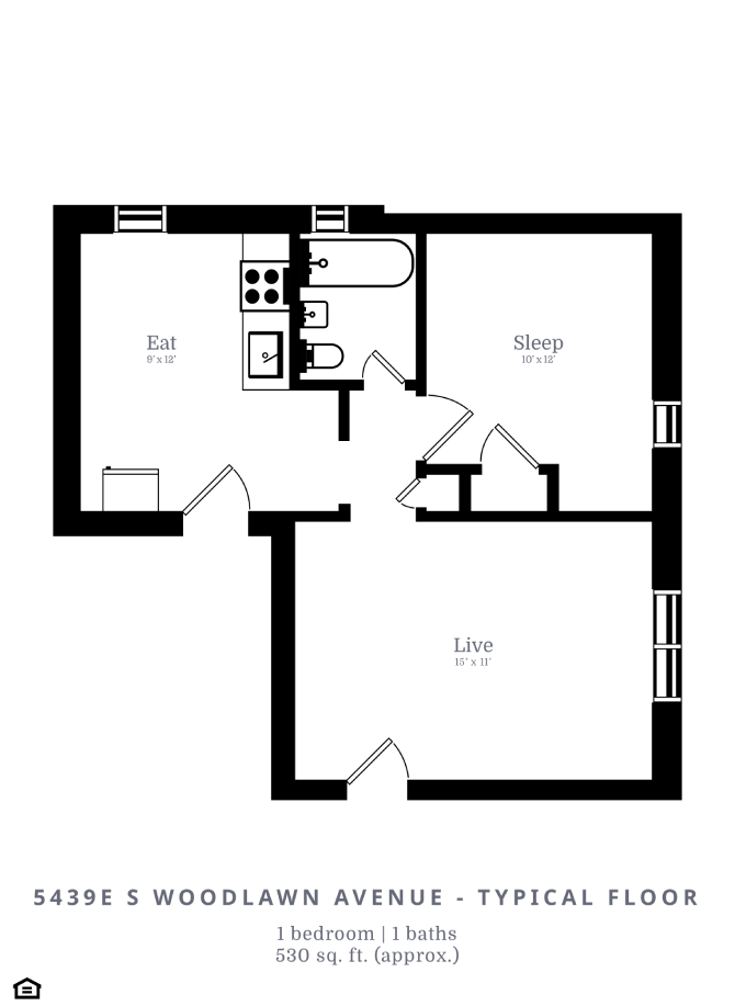 Floor plan for 1 bed, 1 bath, 530 sqft